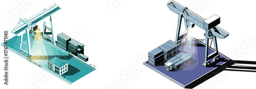 Night Time Port Terminal Operations Vector Illuminated Isometric Gantry Crane and Cargo Containers.