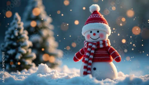 Cheerful snowman with red knitted hat and scarf stands on snowy ground. Glowing bokeh lights and frosty trees create a festive winter scene. Perfect for Christmas, New Year, greetings, and decor.