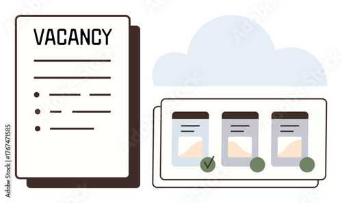 Vacancy listing document next to candidate profile cards with status indicators, cloud backdrop. Ideal for recruitment, hiring, employee search, HR, staffing, career development employment. Clean