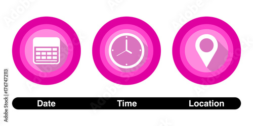 Schedule and Navigation Icons.Date, Time, and Place Symbols in Flat Style
