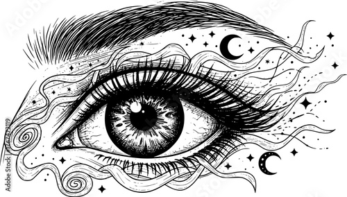 eye illustration, engraved style, monochrome