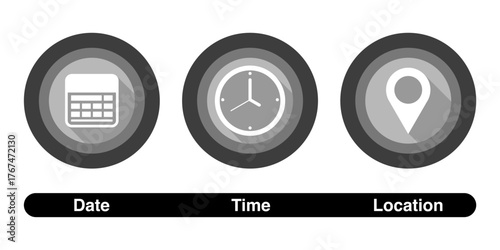 Schedule and Navigation Icons.Date, Time, and Place Symbols in Flat Style