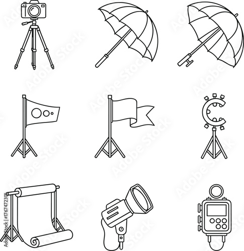 Photography Studio Equipment Line Art Icon Set. Camera, Lighting Umbrella, Reflector, and Accessories Outline Vector.