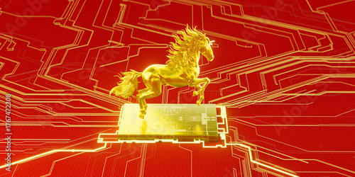 Valokuva Galloping golden horse with circuit board texture