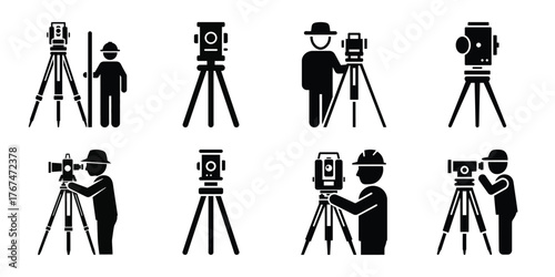 surveyor construction silhouette vector icon element set