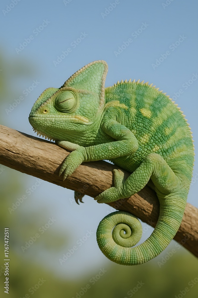 Obraz premium Green Chameleon Reptile Sleeping on Branch | Colorful Exotic Animal Wildlife Close-Up with Prehistoric Camouflage and Scales in Natural Habitat at Sunset Outdoors