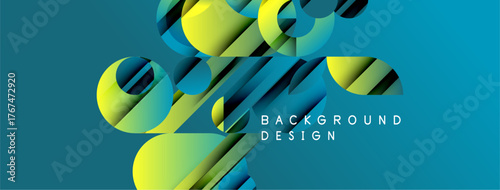 Abstract geometric shapes, vibrant colors, dynamic composition. Modern design elements create visually appealing background.