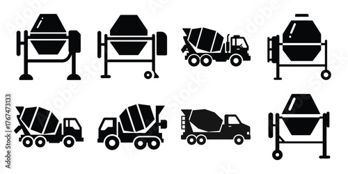 cement mixer construction silhouette vector icon element set