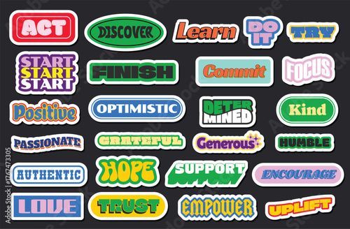 Colorful Motivational Stickers Set with Positive Words and Retro Typography Design