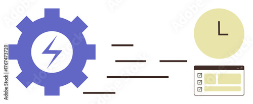 Gear with lightning bolt, flowing lines, clock, and interface representing efficiency, speed, automation, productivity, workflow innovation and technology. Ideal for time-saving energy