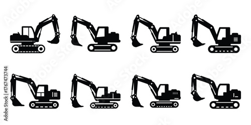 excavator construction silhouette vector icon element set