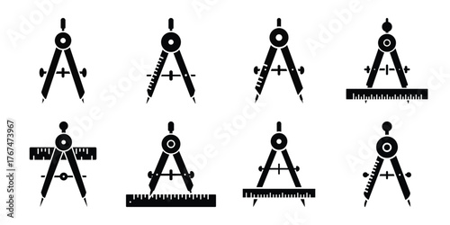measuring compass construction silhouette vector icon element set