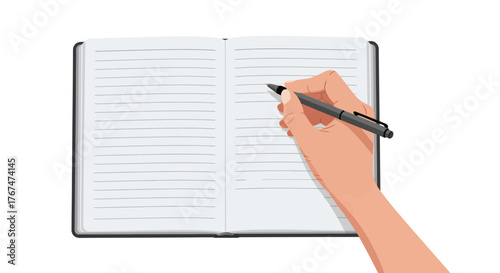 Handwriting with pen on open blank notebook in realistic style