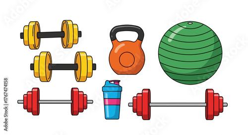 Fitness equipment icons: dumbbells, kettlebell, yoga ball, and more for workout enthusiasts