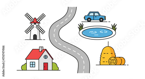 Country life elements in flat design: windmill, road, car, pond, house, hay bales