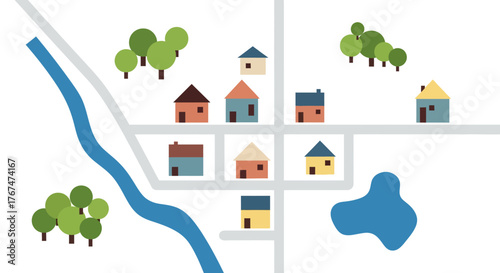 Top view minimalist map with colorful houses, roads, trees, river, and pond in flat design