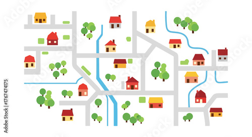 Colorful flat style city map with houses, trees, and roads