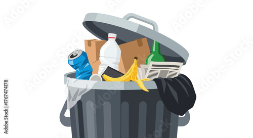 Overflowing garbage can with recyclable and organic waste