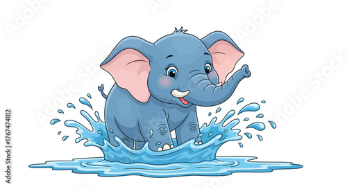 Cute cartoon elephant playing in water with splashing effects