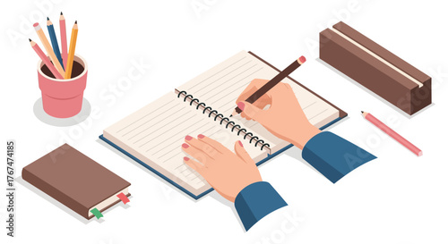 Isometric writing scene with notebook, pencils, and books on white background