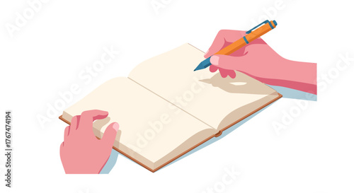 Hands writing in open notebook with pen: creative illustration