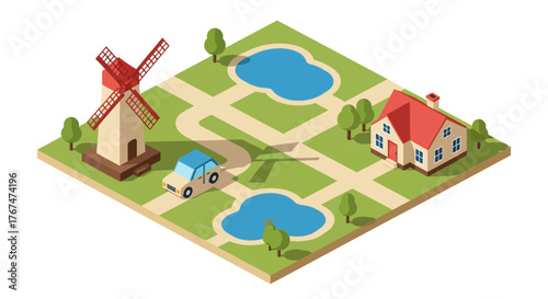 Isometric countryside with windmill and cottage on lush landscape