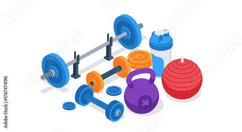 Colorful isometric gym equipment with dumbbells, kettlebell, and more