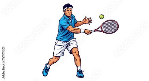 Dynamic cartoon tennis player in action with racket and ball