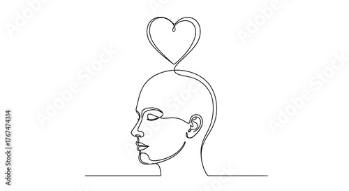 Continuous line art of head with heart symbolizing mindfulness and love