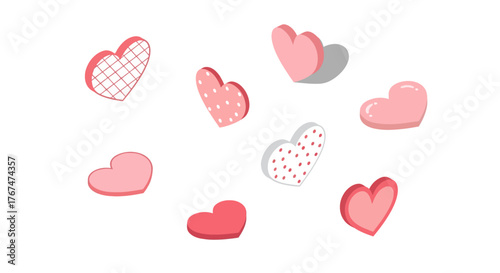 Playful pink and red hearts with modern patterns on white background