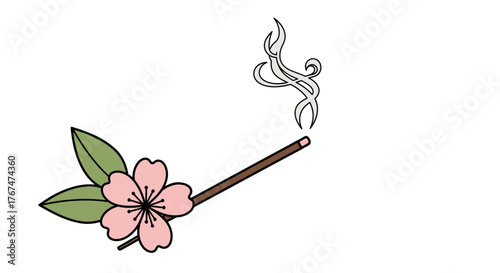 Minimalist floral incense stick with smoke on white background