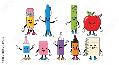 Cute cartoon school supplies characters waving and smiling in colorful design