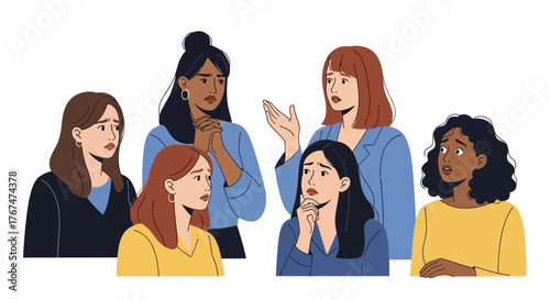 Diverse group of women in conversation with expressive gestures and emotions