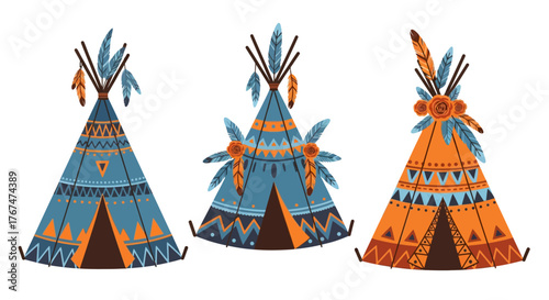 Vibrant tribal teepees with feathers and patterns in boho style