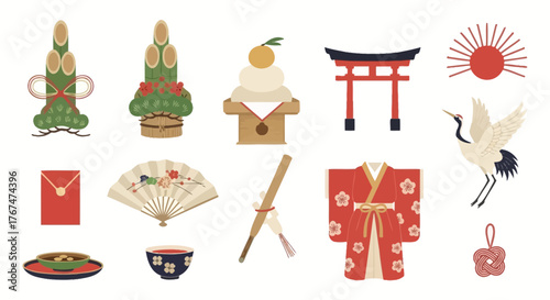 A collection of traditional Japanese New Year's celebration items and cultural symbols, including kadomatsu, kagami mochi, and a crane.