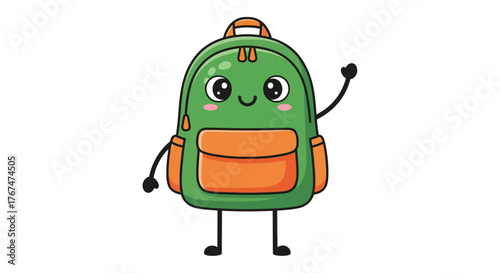 Cute kawaii backpack character waving with happy smile for school kids