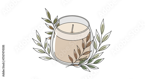 Elegant candle surrounded by leaves on white background