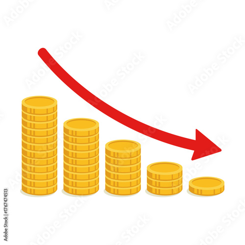 Financial crisis vector illustration with red arrow, broken coin, concept of recession, inflation, currency depreciation, market crash, bankruptcy, budget deficit, stock crisis, and economic downturn.