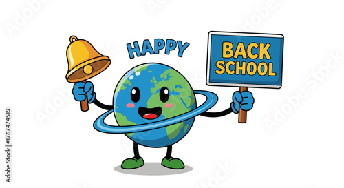 Cheerful earth with bell and school sign for back to school theme