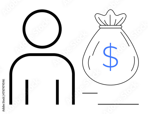 Minimalist figure next to a money bag with a dollar sign. Ideal for finance, economy, business, wealth, payment, salary, investment planning. A simple flat metaphor