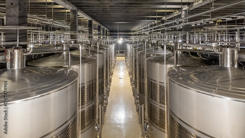 Fotografie Huge metal fermentation tanks in modern wine factory Rioja Spain