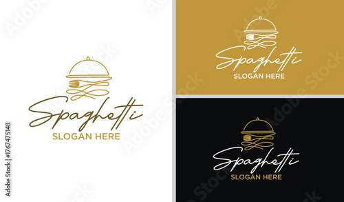 Spaghetti and Fork Line Art Logo Design Restaurant and cafe spaghetti
