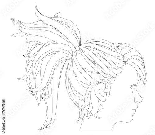 A girl's head in black and white contour drawing, featuring a detailed face with a ponytail and averted gaze on a plain white background. Side view
