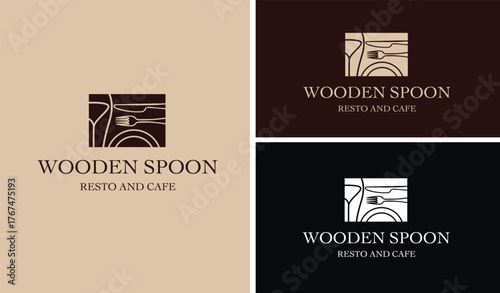 Line Art Logo of Spoon Fork Plate Knife Glass for Restaurant and Cafe Logo Design