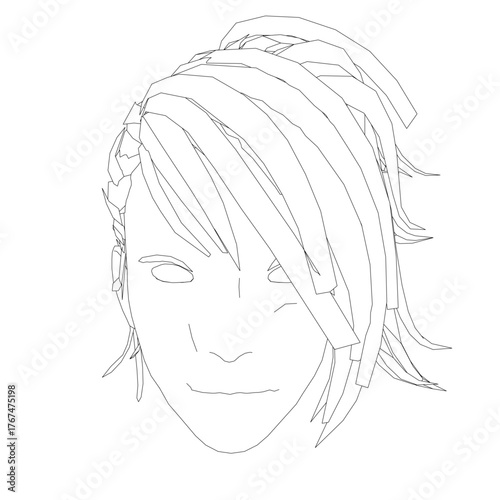 A man's serious face with long wavy hair, looks directly at the viewer. Front view