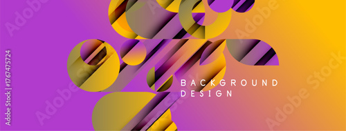 Abstract gradient background. Purple, yellow hues blend smoothly. Geometric shapes create dynamic visual effect. Modern design element.