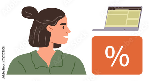 Young woman glancing at an open laptop with a discount percentage symbol beside it. Ideal for marketing, e-commerce, online shopping, budgeting, sale advertisement, online deals, customer engagement