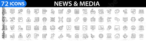 Media and news 72 line icon set. Mass media, television, journalism, blogging, social media, video, music, radio, newspaper, magazine, promotion, broadcasting, press, interview and more