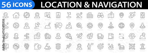 Location 56 line icon set. Geolocation, home, map, map pin, destination, directions, distance, place, navigation, gps, directions, address, tracking and more. Vector illustration