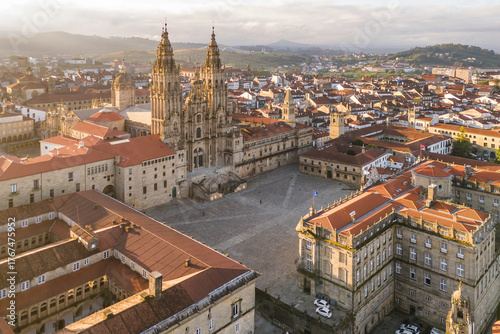 Aerial view of the Cathedral of Santiago de Compostela at sunrise in Spain